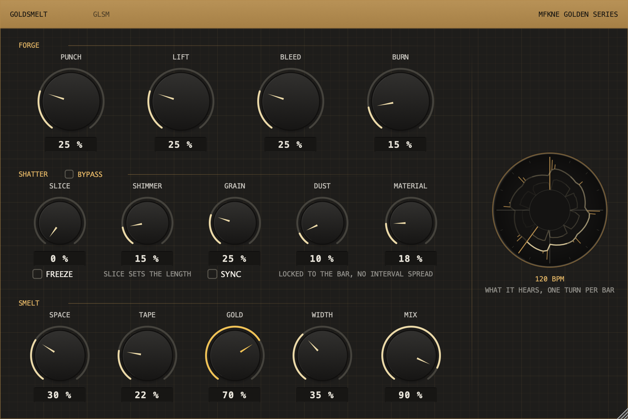 GOLDSMELT plugin interface: fourteen controls in the three rows FORGE, SHATTER and SMELT, with the gold GOLD knob